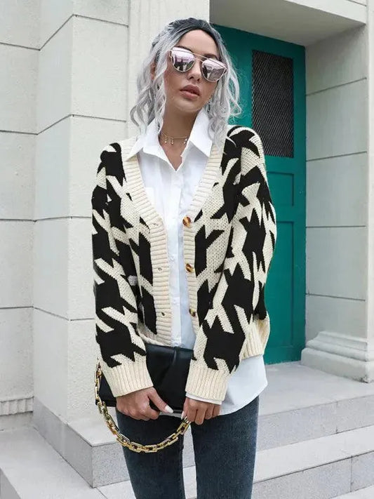 Check Loose Knit Cardigan Sweater - Cardigan Sweater - LeStyleParfait