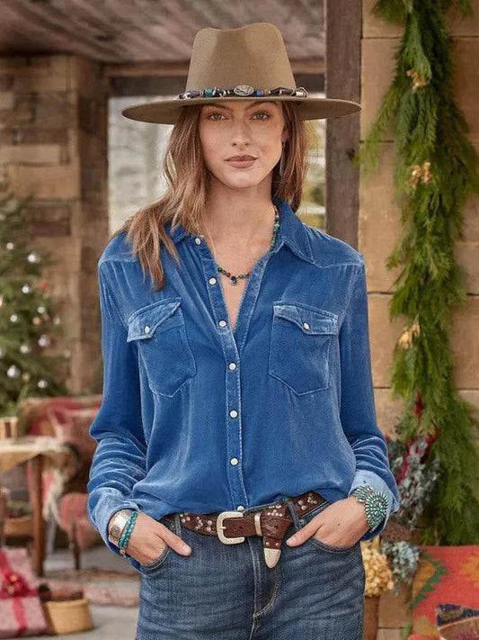 Double-Pocketed Velvet Women Shirt - Women's Shirt - LeStyleParfait