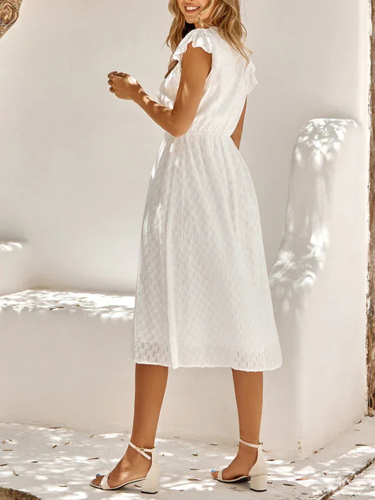 A-line,A-line bottom style dress,A-line dress,casual,casual dress,casual occasion dress,chiffon,cotton dress,flowy,ladies Wrinkle-resistant,midi,midi hemline dress,Quick drying midi dress,relaxed dress,ruffles,short sleeve,short sleeves dress,slip-on,slip-on dress,solid,solid dress,straight,summer,summer dress,V-neck,V-neck dress-LeStyleParfait