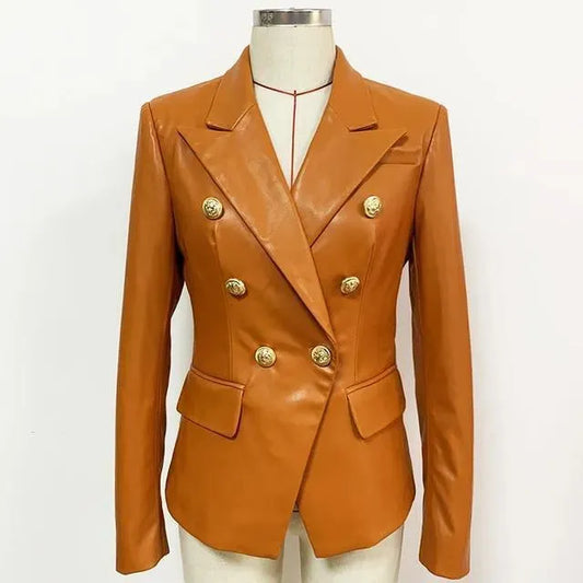 Orange Leather Blazer Women - Formal-Business - Plain-Solid - Leather Blazer - LeStyleParfait