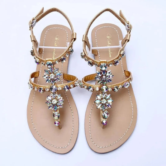 Rhinestones T-Strap Flat Sandals - Sandals - LeStyleParfait