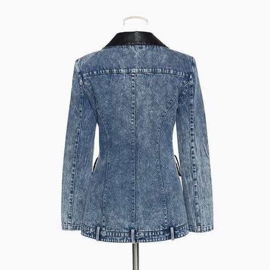 Streetwear Leather Collar Denim Blazer Women - Casual - Plain-Solid - Denim Blazer - LeStyleParfait