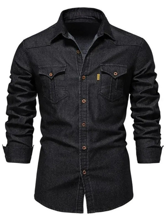 Two-Pocket Denim Men Shirt - Long Sleeve Shirt - LeStyleParfait
