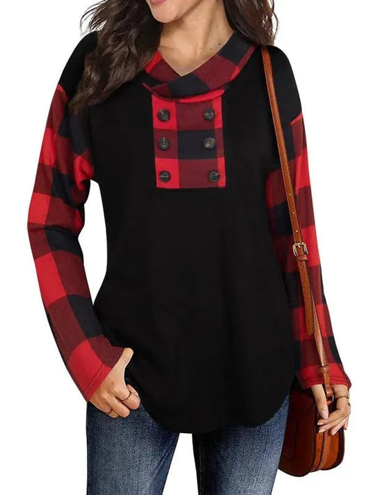 Women's Plaid Double-Breasted Hoodie - Long Sleeve Style - Plaid Hoodie - LeStyleParfait