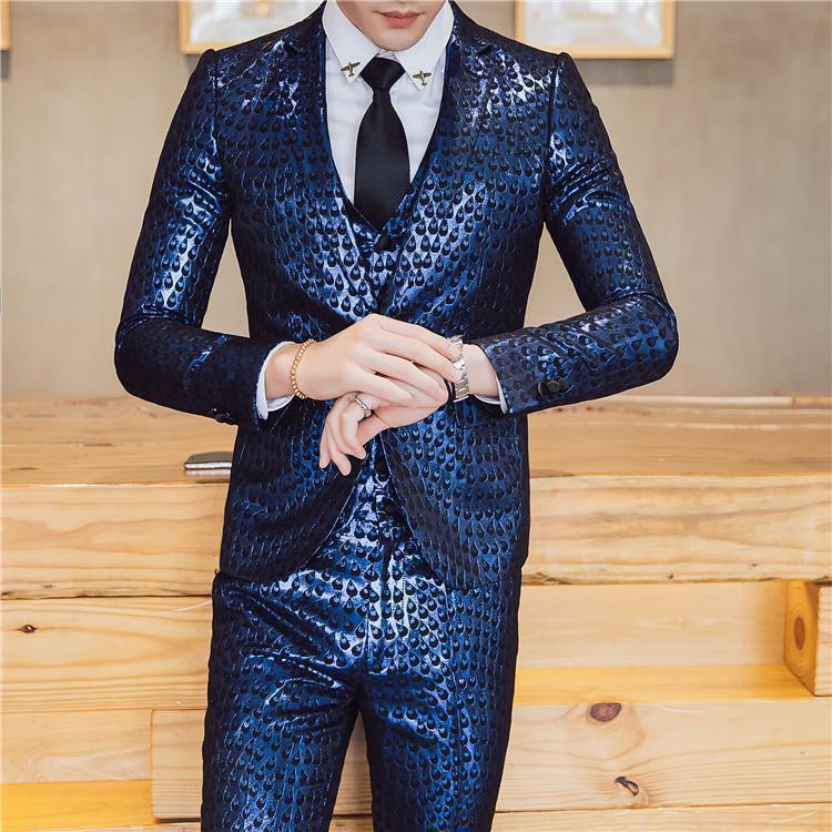 3-Piece Men's Suit Jacquard Slim Fit Suit Blue Gold - Suit - LeStyleParfait Kenya