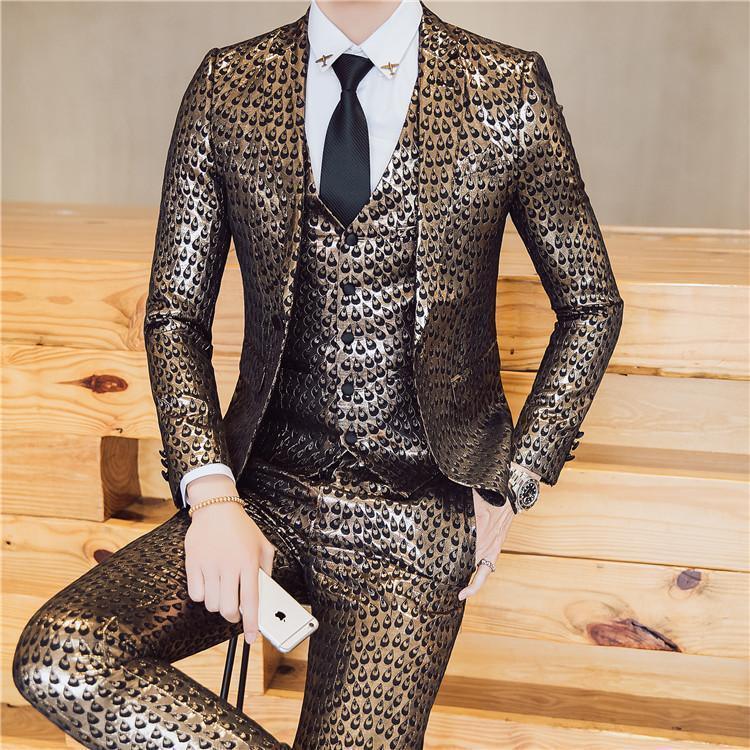 3-Piece Men's Suit Jacquard Slim Fit Suit Blue Gold - Suit - LeStyleParfait Kenya