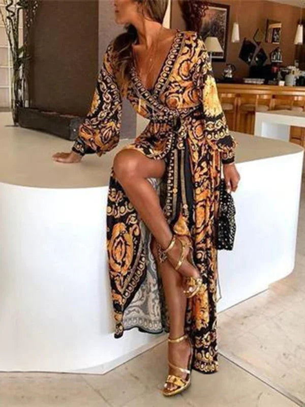Boho Multicolor Chiffon Wrap Maxi Dress