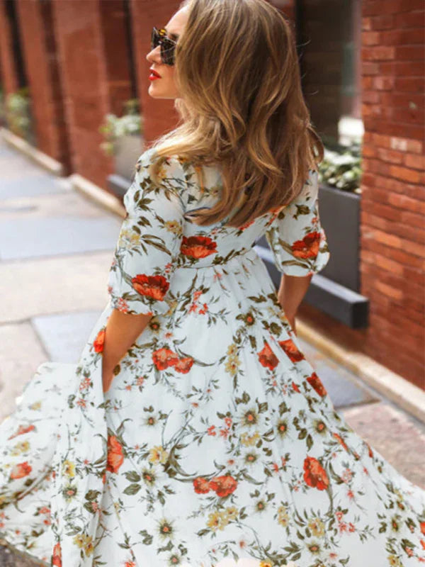 Boho White Floral Chiffon Maxi Dress