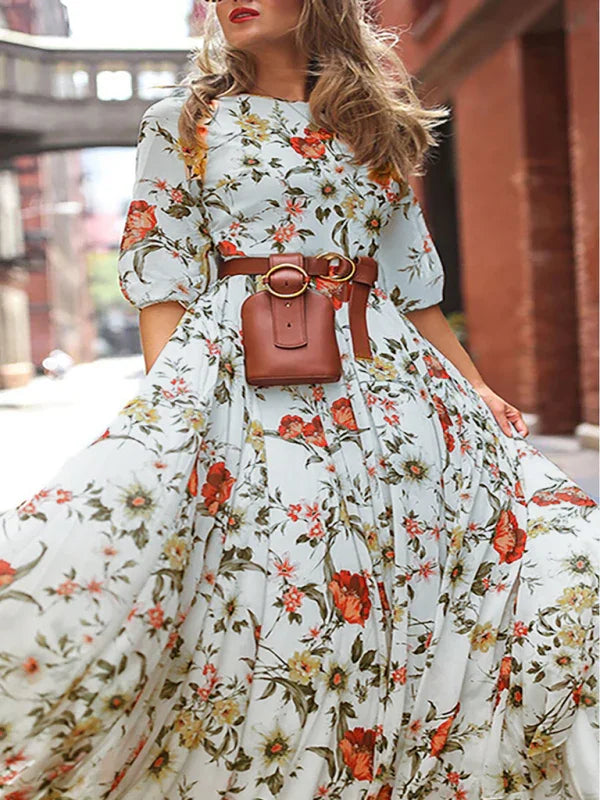Boho White Floral Chiffon Maxi Dress
