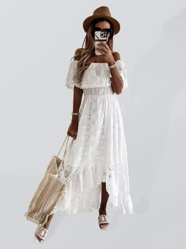 Boho White Lace Asymmetric Maxi Dress