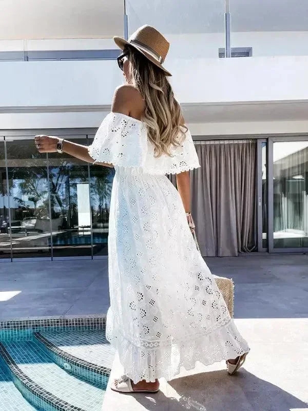 Boho White Lace Asymmetric Maxi Dress