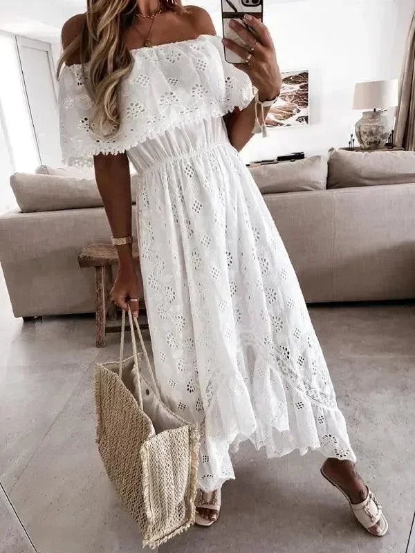 Boho White Lace Asymmetric Maxi Dress