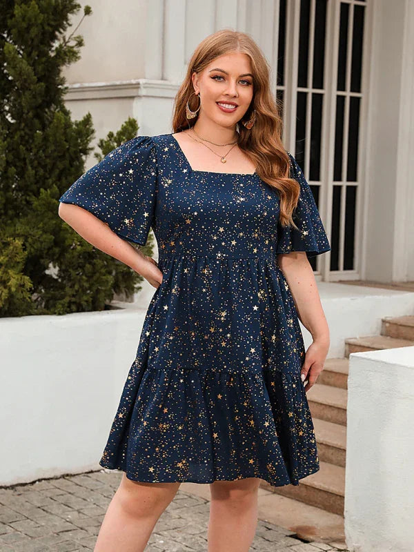 Casual Geometric Square Neck Knee Dress