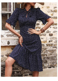 Casual Navy Polka Dot Cotton Midi Dress