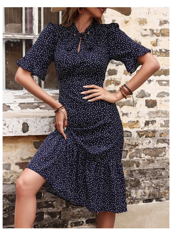 Casual Navy Polka Dot Cotton Midi Dress