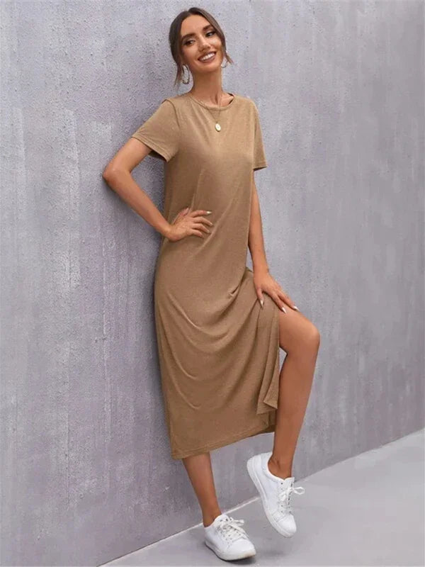 Casual Pink Cotton Shift Midi Dress