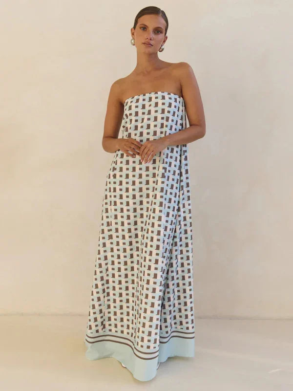 Chic Checkered Strapless Maxi Dress