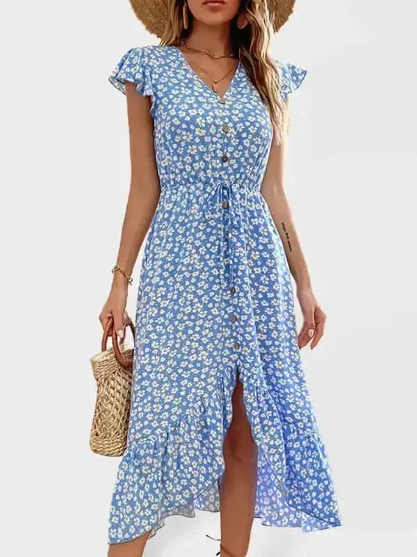 Chic Floral Chiffon Button Midi Dress