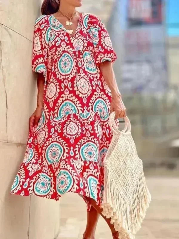 Chic Geometric Cotton Tiered Maxi Dress
