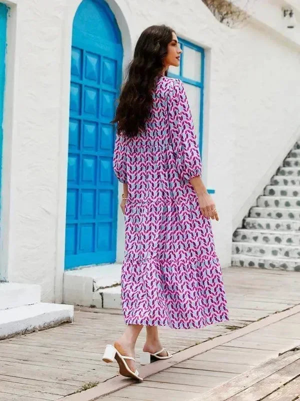 Chic Geometric Cotton Tiered Maxi Dress