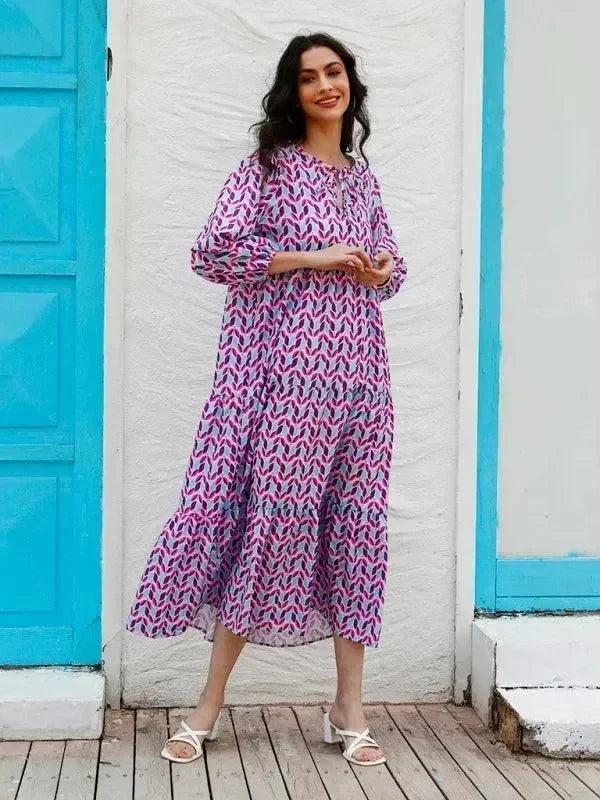 Chic Geometric Cotton Tiered Maxi Dress