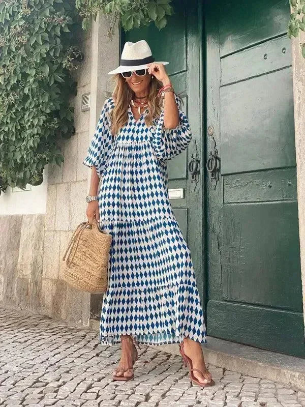 Chic Geometric Cotton Tiered Maxi Dress