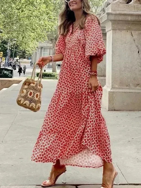 Chic Geometric Cotton Tiered Maxi Dress