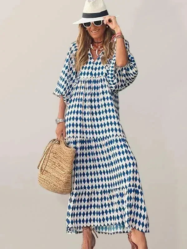 Chic Geometric Cotton Tiered Maxi Dress