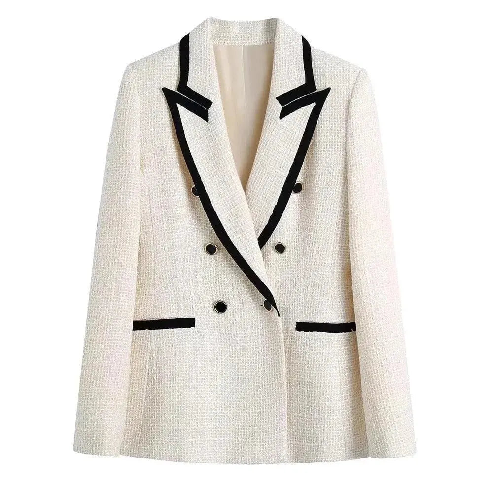 Chic Off-White Tweed Blazer Women - Vintage - Patchwork fashion image