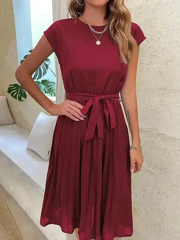 Chic Red Chiffon Pleated Midi Dress