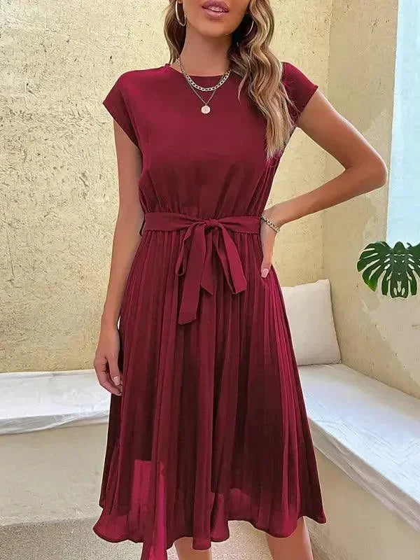 Chic Red Chiffon Pleated Midi Dress