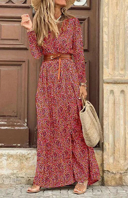 Chic Red Floral Wrap Maxi Dress