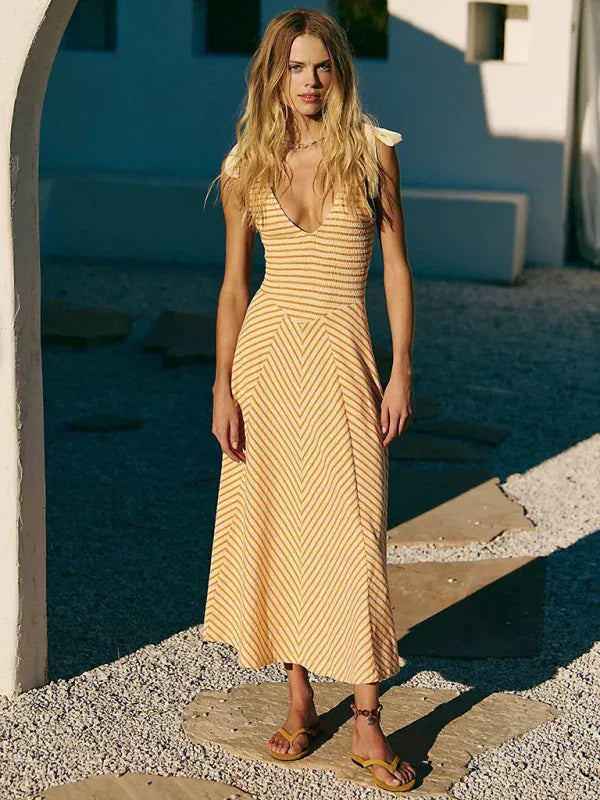 Chic Striped Lace Up Midi Dress