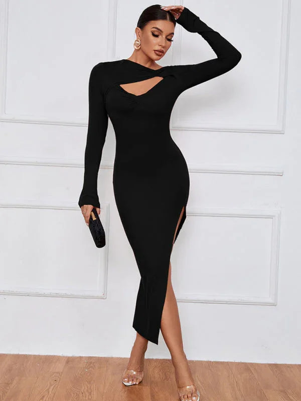 Elegant Black Asymmetric Bodycon Midi Dress