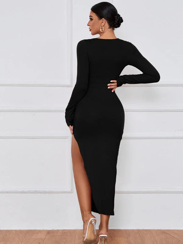 Elegant Black Asymmetric Bodycon Midi Dress