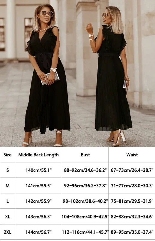 Elegant Black Chiffon Pleated Midi Dress