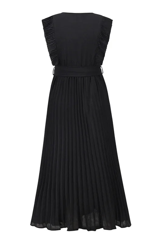 Elegant Black Chiffon Pleated Midi Dress