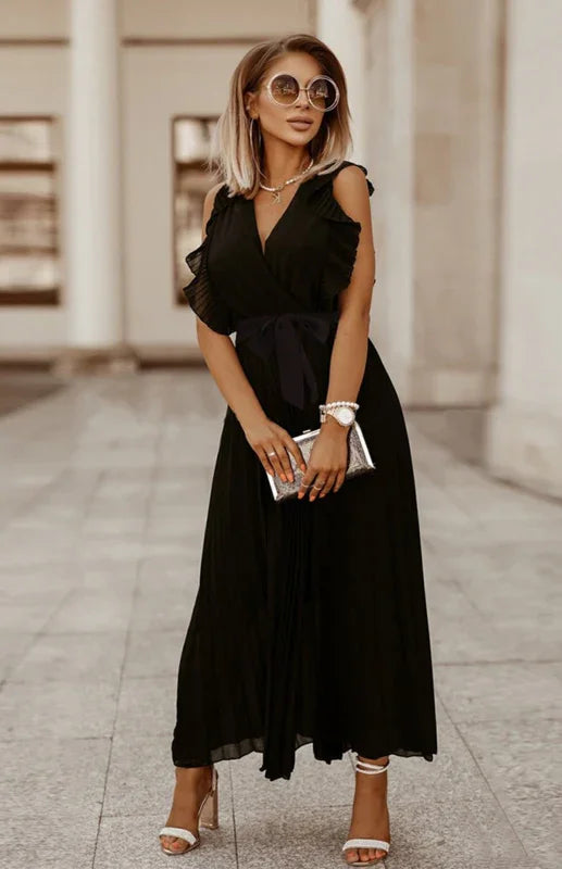 Elegant Black Chiffon Pleated Midi Dress