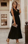 Elegant Black Chiffon Pleated Midi Dress