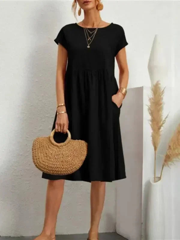 Elegant Black Cotton Linen Knee Dress