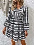 Elegant Black Geometric Bell Sleeve Mini Dress