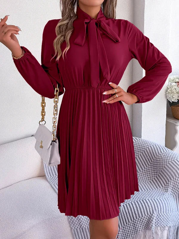Elegant Burgundy Pleated Chiffon Midi Dress