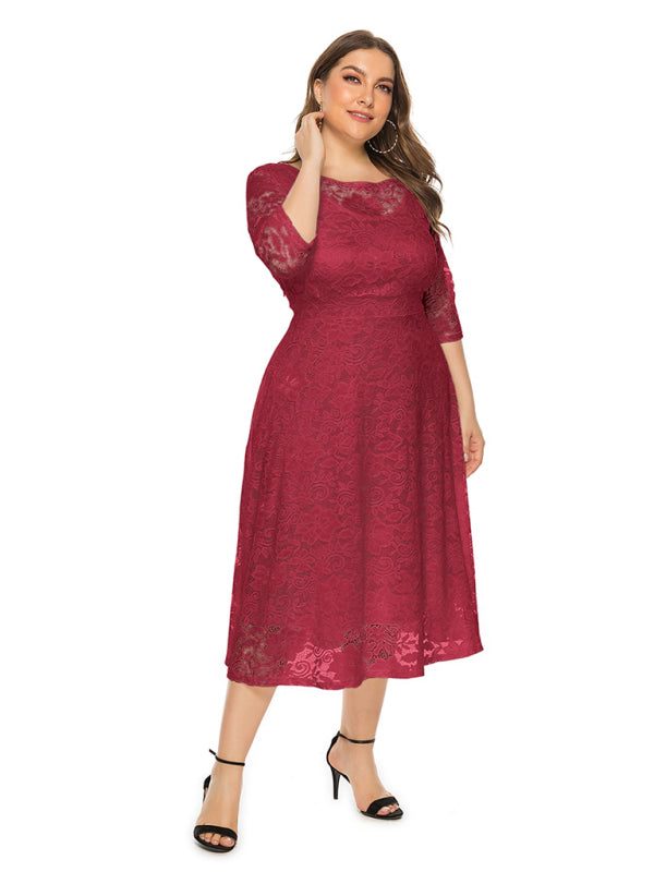 Elegant Lace Round Neck Midi Dress