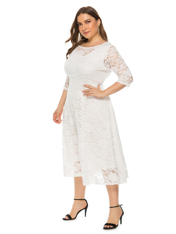 Elegant Lace Round Neck Midi Dress