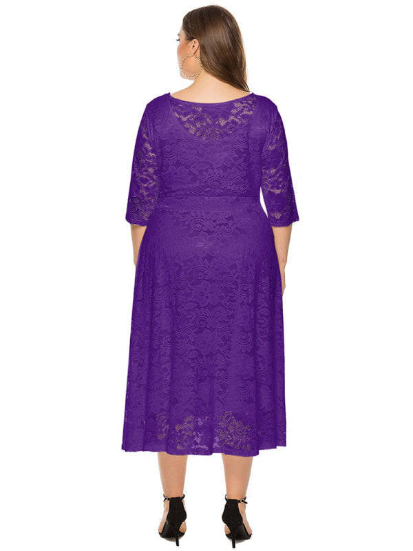 Elegant Lace Round Neck Midi Dress