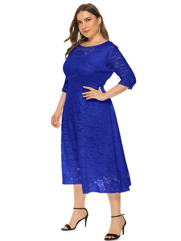 Elegant Lace Round Neck Midi Dress