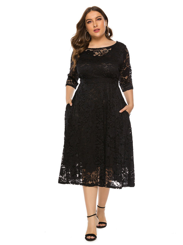 Elegant Lace Round Neck Midi Dress