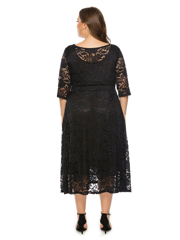Elegant Lace Round Neck Midi Dress