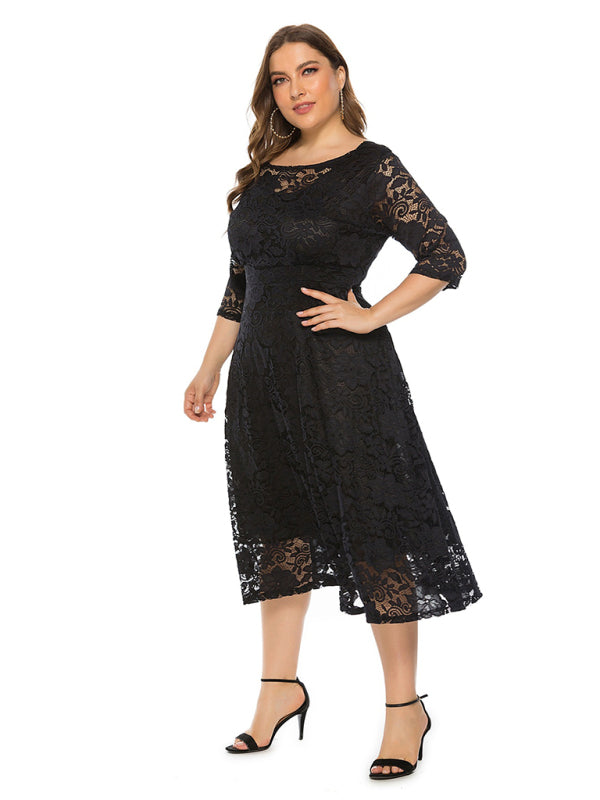 Elegant Lace Round Neck Midi Dress