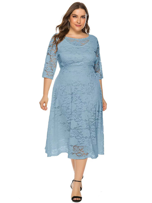 Elegant Lace Round Neck Midi Dress